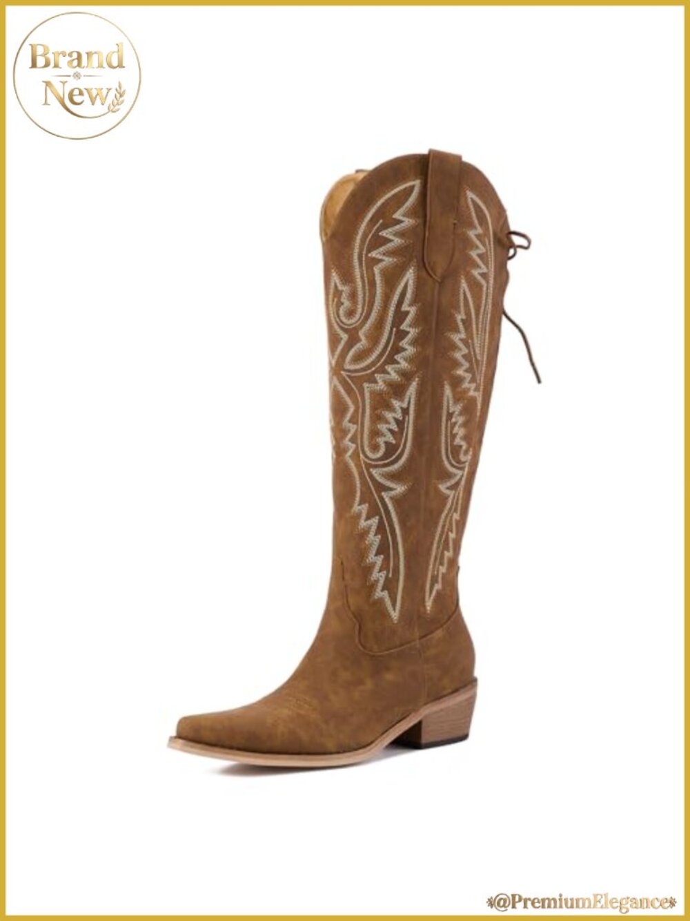 Wide Calf Cowboy Boots Knee High Faux Leather Lace Up Pointed Toe Chunky Heel